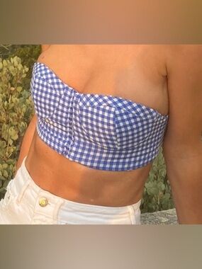 Zara Blue and White Gingham Strapless Crop Top